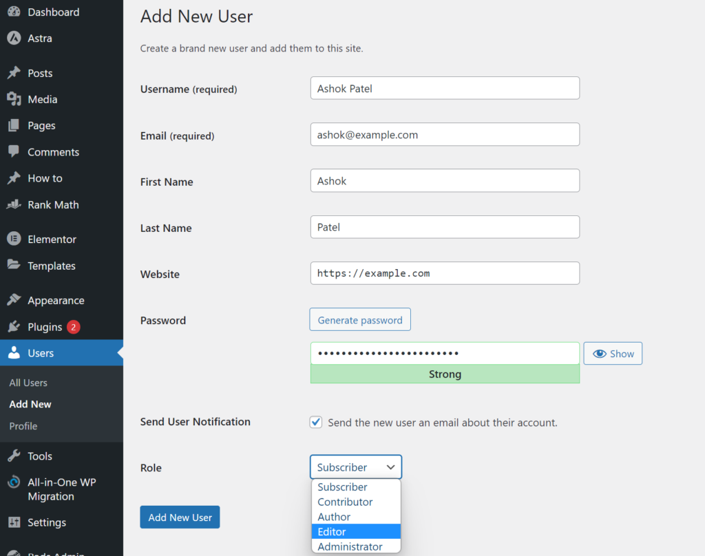 WordPress "Add New User" Dashboad  with filled user details 